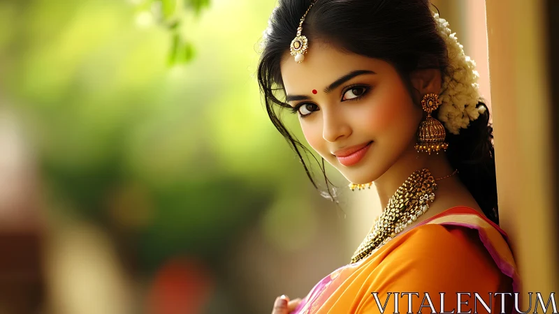 Elegant Indian woman in traditional attire with jewelry, soft focus.