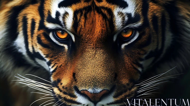 Close frontal view shows detailed tiger face and eyes