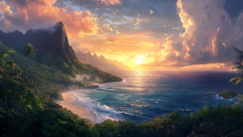 Coastal mountains and ocean horizon under sunset sky.