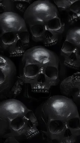 Dense vertical arrangement of glossy black human skulls.