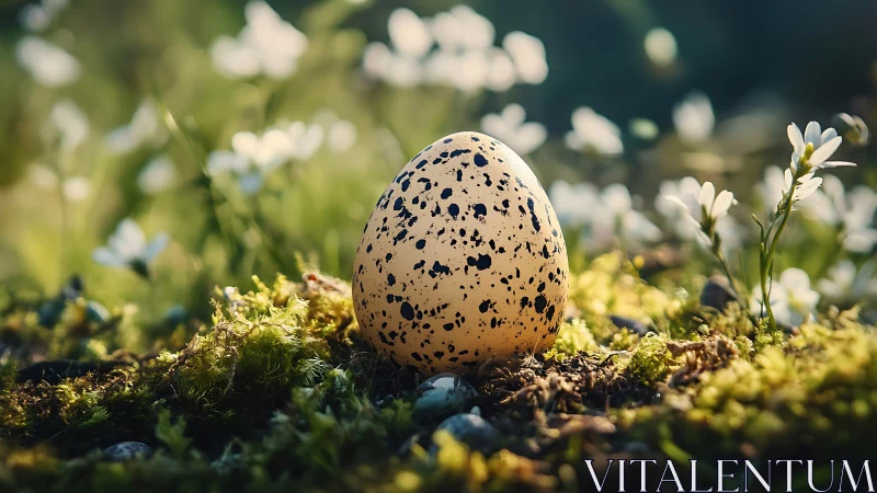 Speckled egg resting in soft moss and gentle spring light.