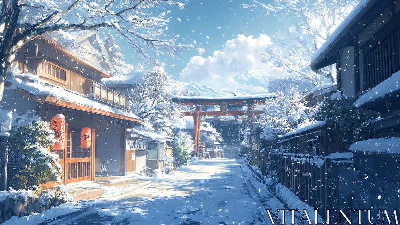 Snowy shrine street glows under crisp winter sunlight.