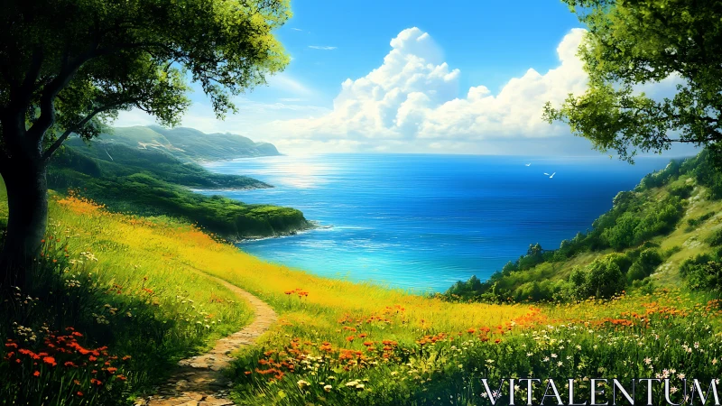 Sunlit coastal meadow path curves toward tranquil blue sea.