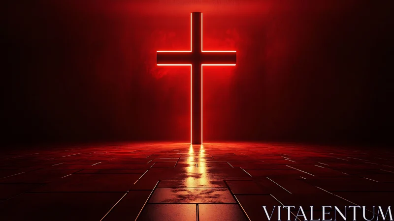 Minimalist neon cross in red-lit reflective corridor space.