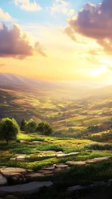 Sunlit valley steps into a luminous painted countryside dream.