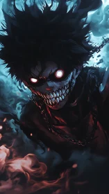 Demonic anime wraith advances through cyan and ember mist