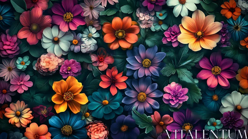Layered floral composition with dark background and varied color palette