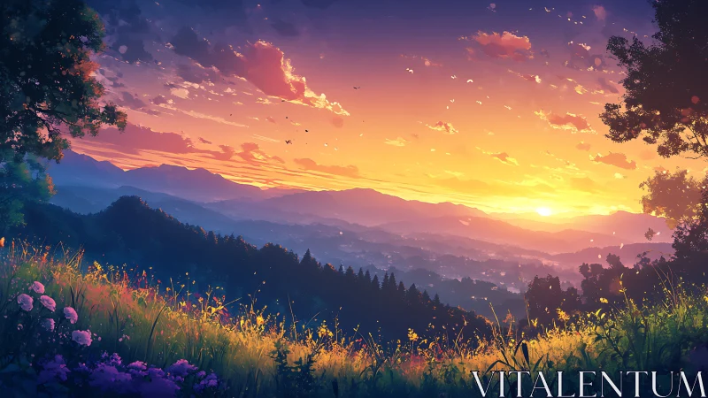 Layered valley landscape under low sun with wildflowers.