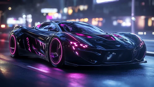 Futuristic black sports car under neon city street lighting.
