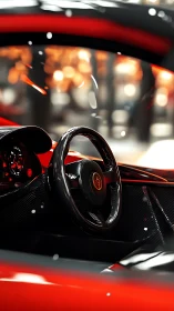 Red sports car cockpit with glossy steering wheel interior.