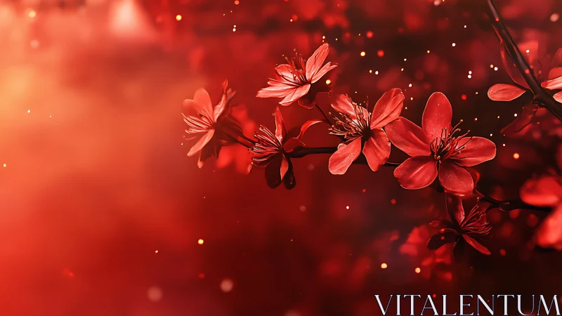 Scarlet cherry blossoms on branch with glowing bokeh haze.