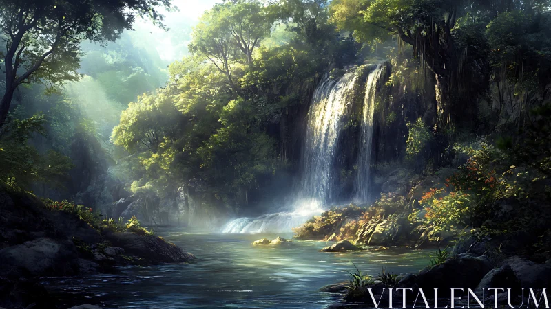 Luminous Cascade: Where Misty Woodlands Meet Thundering Waters.