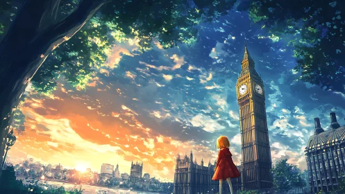 Clock tower and figure are depicted under expansive sky