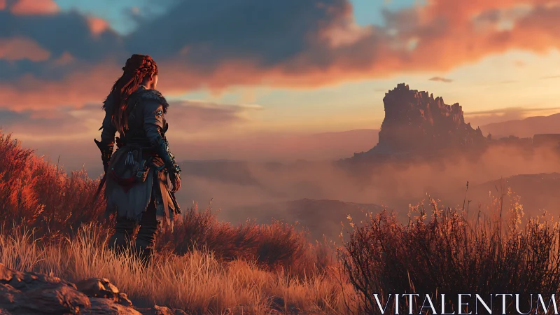 Warrior overlooking misty mesa under blazing sunset sky.