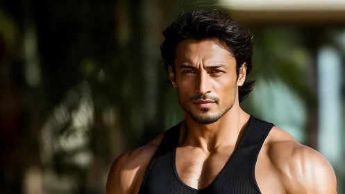 Muscular male model poses outdoors in sharp sunlight