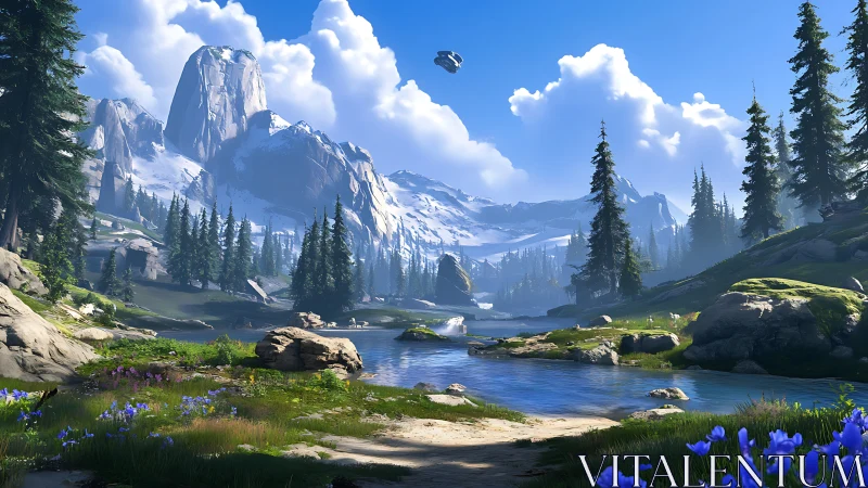 Rendered alpine valley shows river, pines, snow peaks, and craft