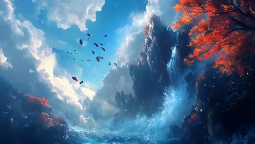 Dramatic cliff waterfall under bright sky and red trees.