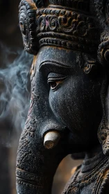 Smoky stone elephant deity in hush of devotional twilight.