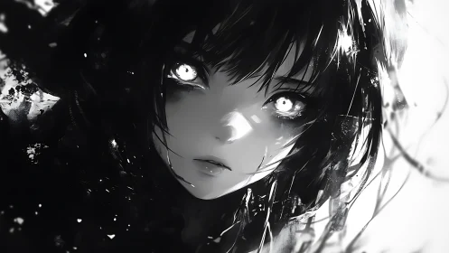 Monochrome anime portrait isolates intense glowing eyes in void