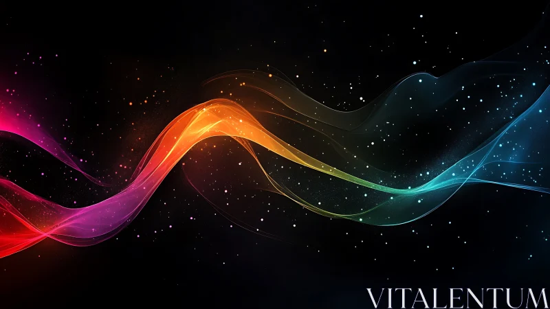 Multicolor light wave arcs across dark star-like background.