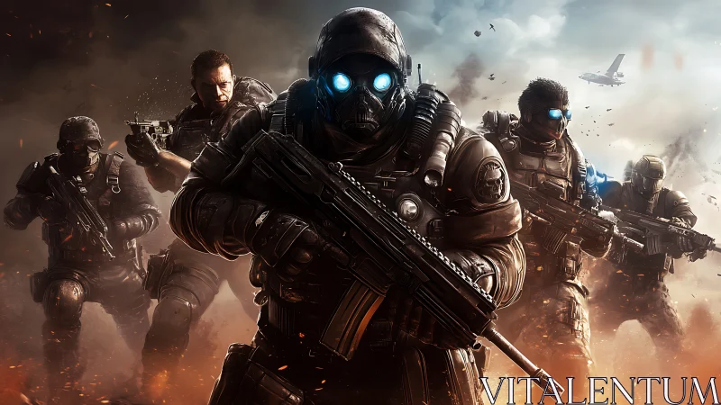 Elite tactical squad charging through smoky battle skies.