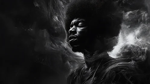 Smoke halo portrait of a moody soul in monochrome storm.