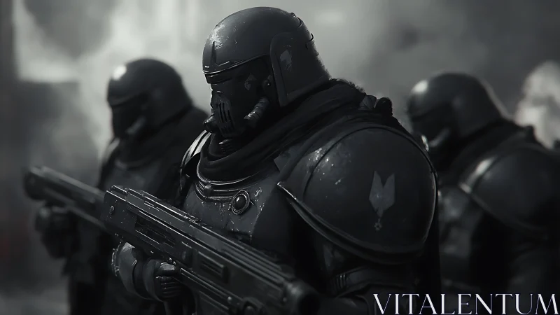 Armored futuristic soldiers holding rifles in formation.