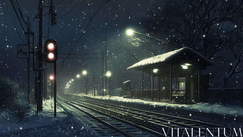 Digital nocturne of snowy railway halt with moody lighting.
