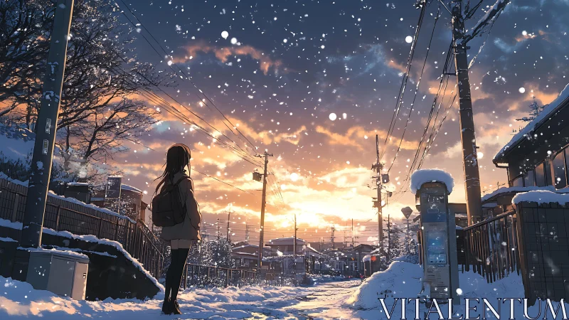 Girl watches winter sunset on snowy suburban street.