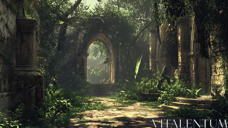Sunlit overgrown stone cloister with gothic archway portal.