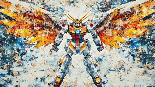Mecha with flaming vector wings dominates an abstract sky field