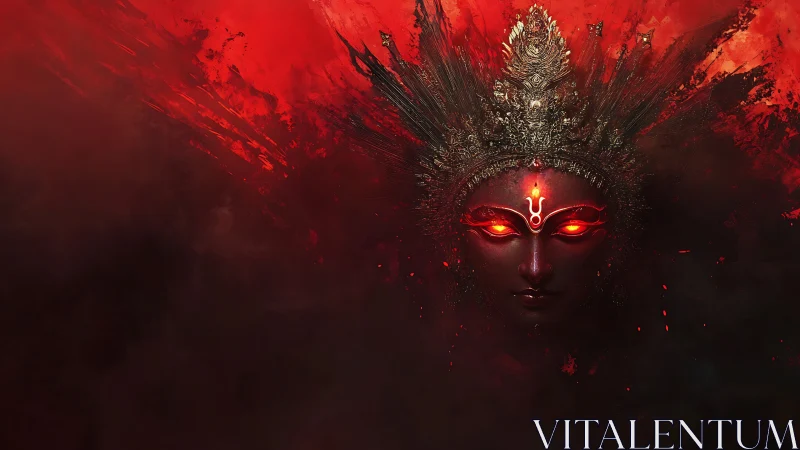 Digital painting of fiery divine mask with infernal symmetry.