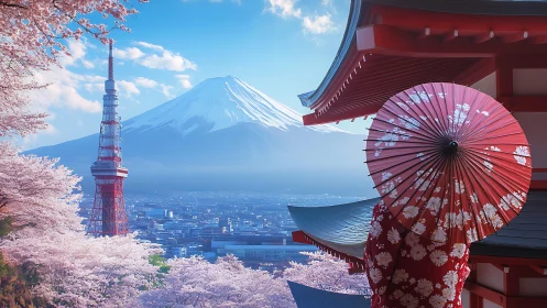 Japanese cityscape with Mount Fuji and cherry blossoms.