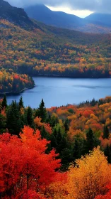 Mountain lake is surrounded by dense mixed forest in autumn