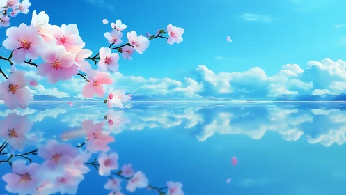 Cherry blossoms over a calm reflective blue water scene.