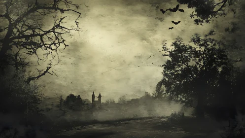Dark foggy forest with distant castle and flying bats.