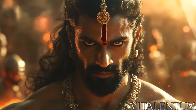 War-gazed warrior prince in molten dusk glare of destiny.