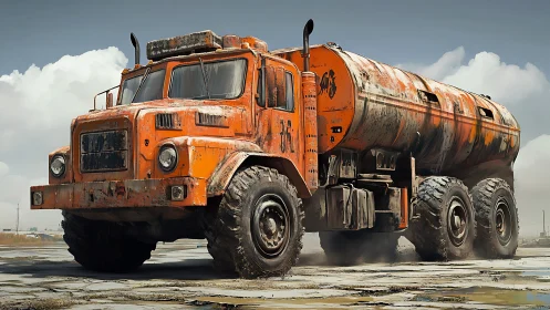 Orange heavy fuel tanker truck stands on cracked ground