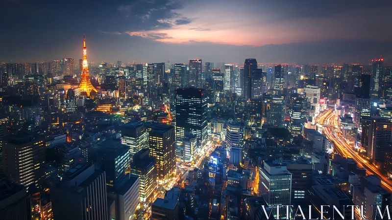Tokyo skyline at dusk with illuminated tower and highways.