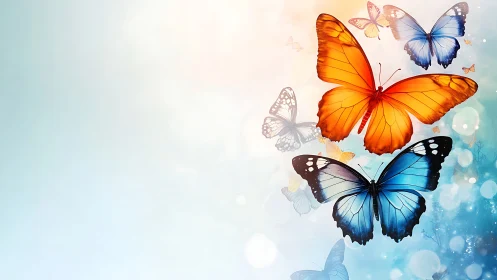 Vibrant gradient butterflies soar across dreamy bokeh sky.