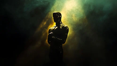 Golden silhouette in smoky spotlight whispers of stage dreams.