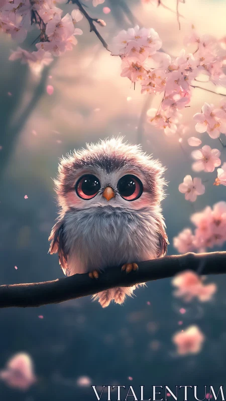 Bright-eyed baby owl resting under gentle cherry blossoms.
