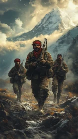 Mountain soldiers advancing beneath storm-lit summit.