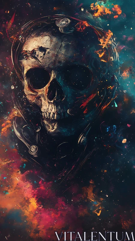 Cosmic skull adrift in swirling nebula fire and stardust.