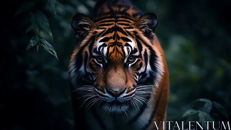 Low-key frontal tiger portrait with high-contrast chiaroscuro lighting