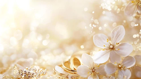 Golden wedding bands with white blossoms and bokeh glow.