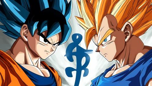 Rival super warriors in mirrored anime power portrait.