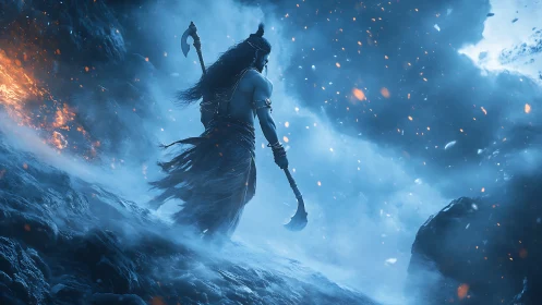 Warrior holding dual axes walks through storm of ice and fire