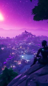 Cel-shaded avatar surveys neon-illuminated fantasy valley at night