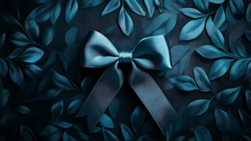 Teal satin bow over embossed foliage with directional lighting.